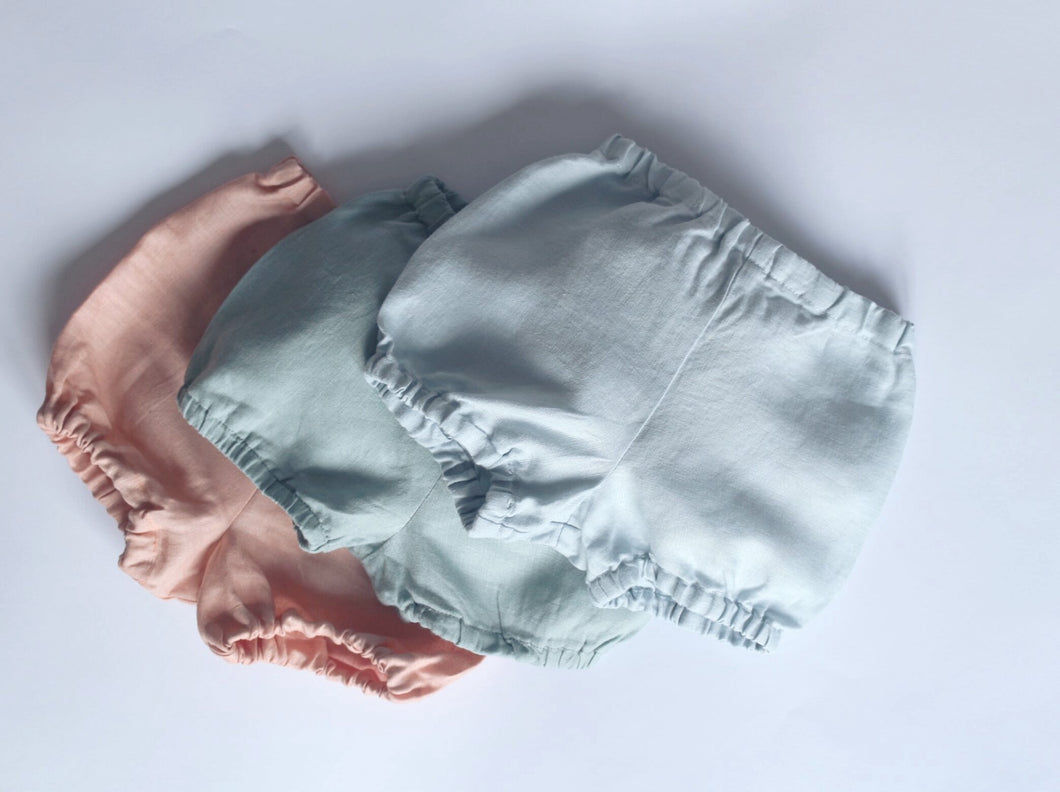 linen bloomers in peachy pink, sage green and baby blue by Zekko Kids Clothes